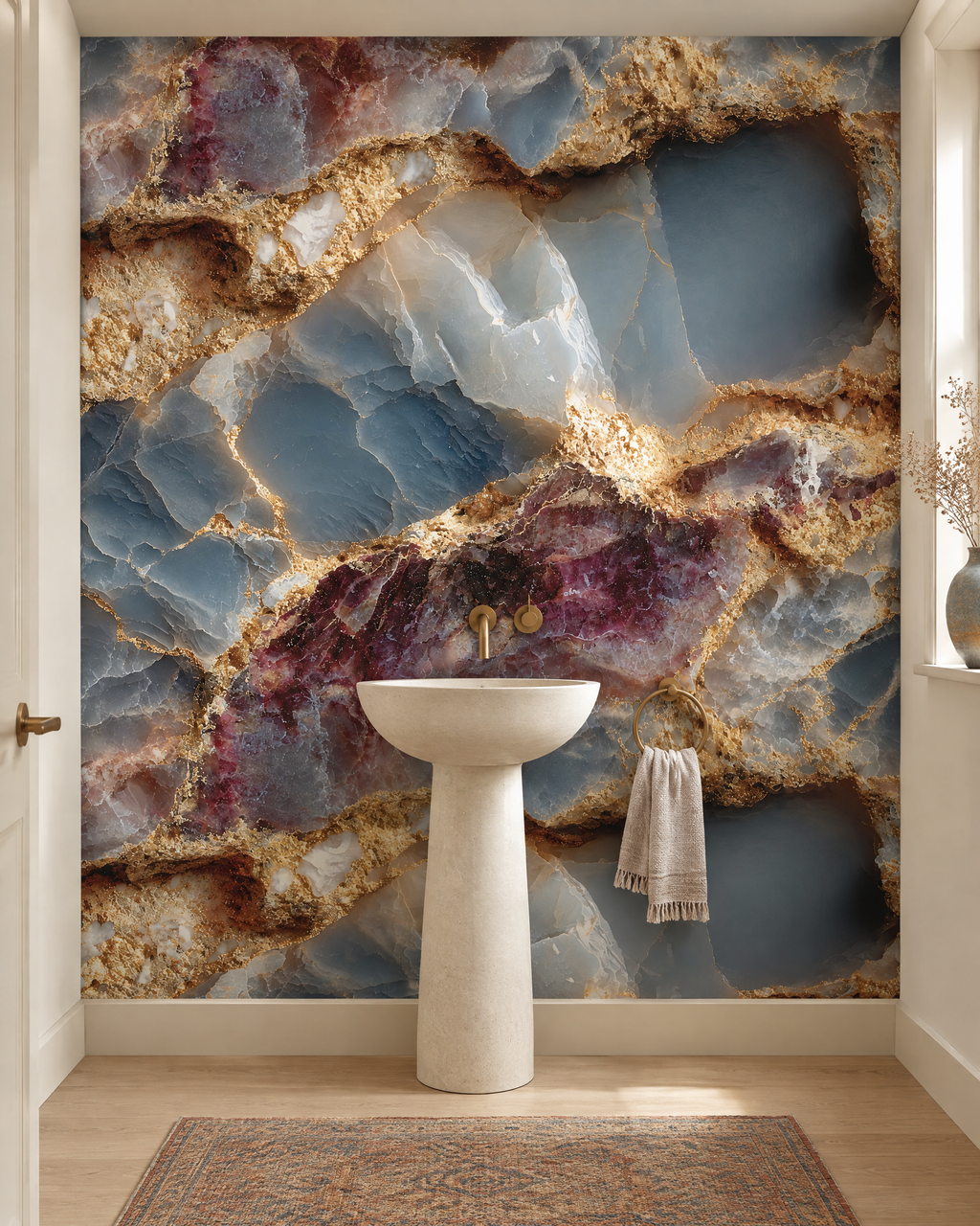 Géode bleue et or, papier peint panoramique dans une salle de bain : visuel d'ambiance illustratif