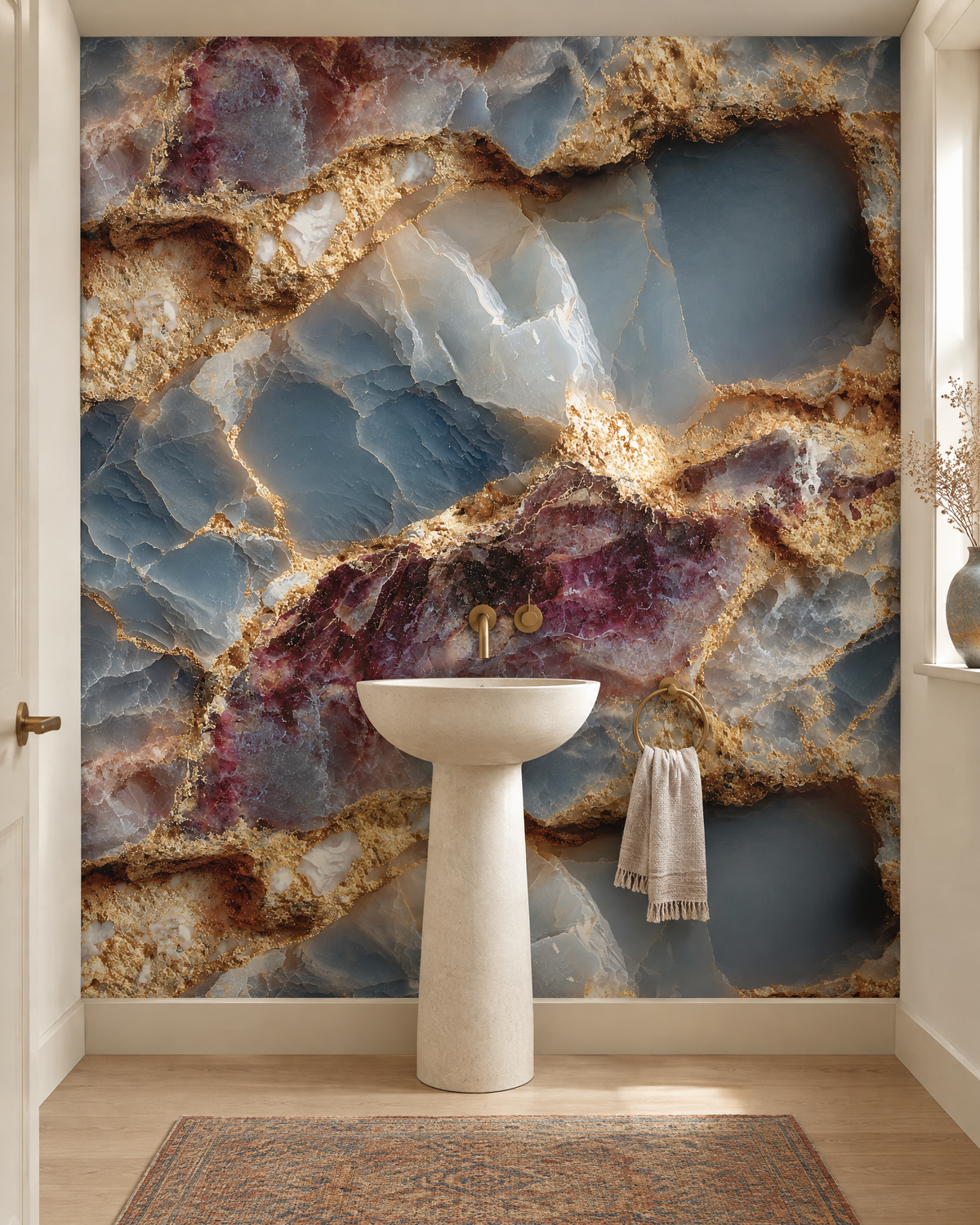 Géode bleue et or, papier peint panoramique dans une salle de bain : visuel d'ambiance illustratif