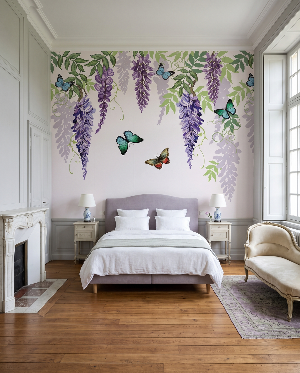 Glycines à l'aquarelle, papier peint panoramique dans une chambre : visuel d'ambiance illustratif