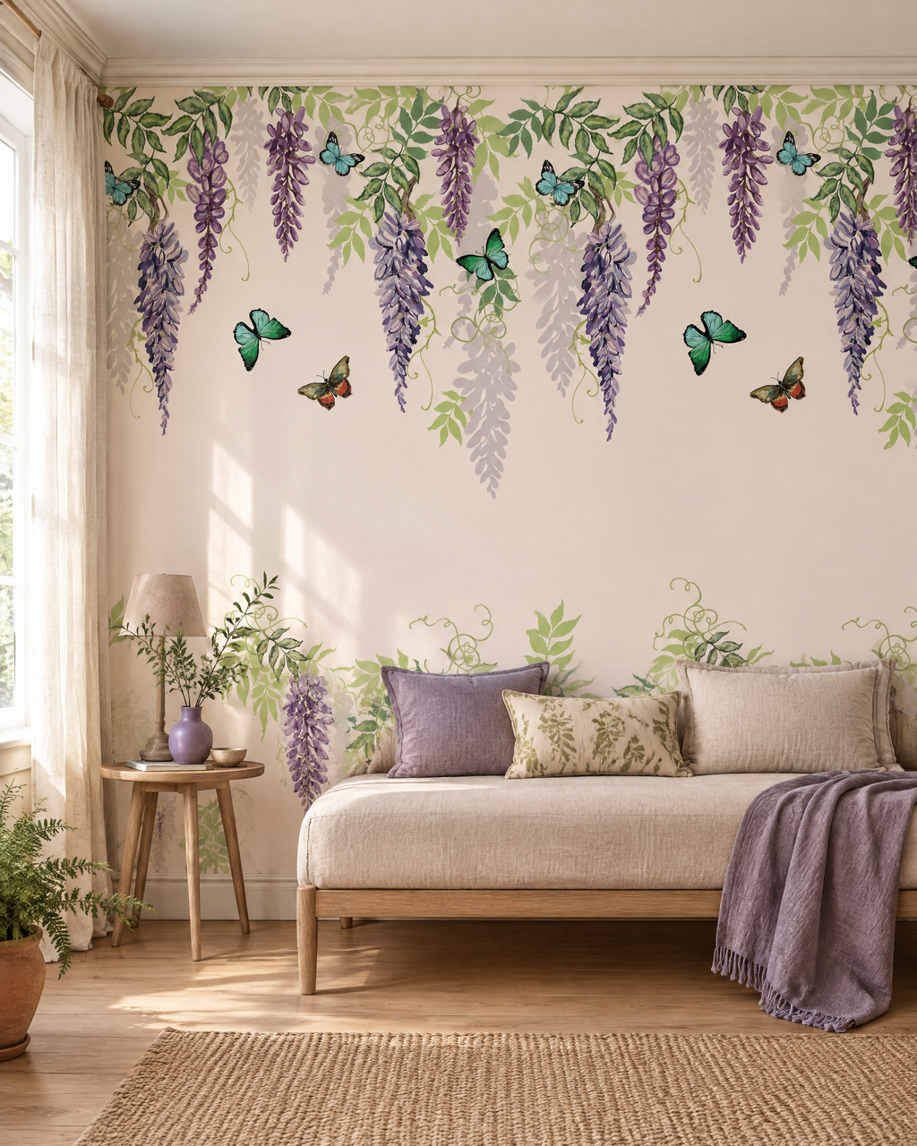 Glycines à l'aquarelle, papier peint panoramique dans une chambre : visuel d'ambiance illustratif