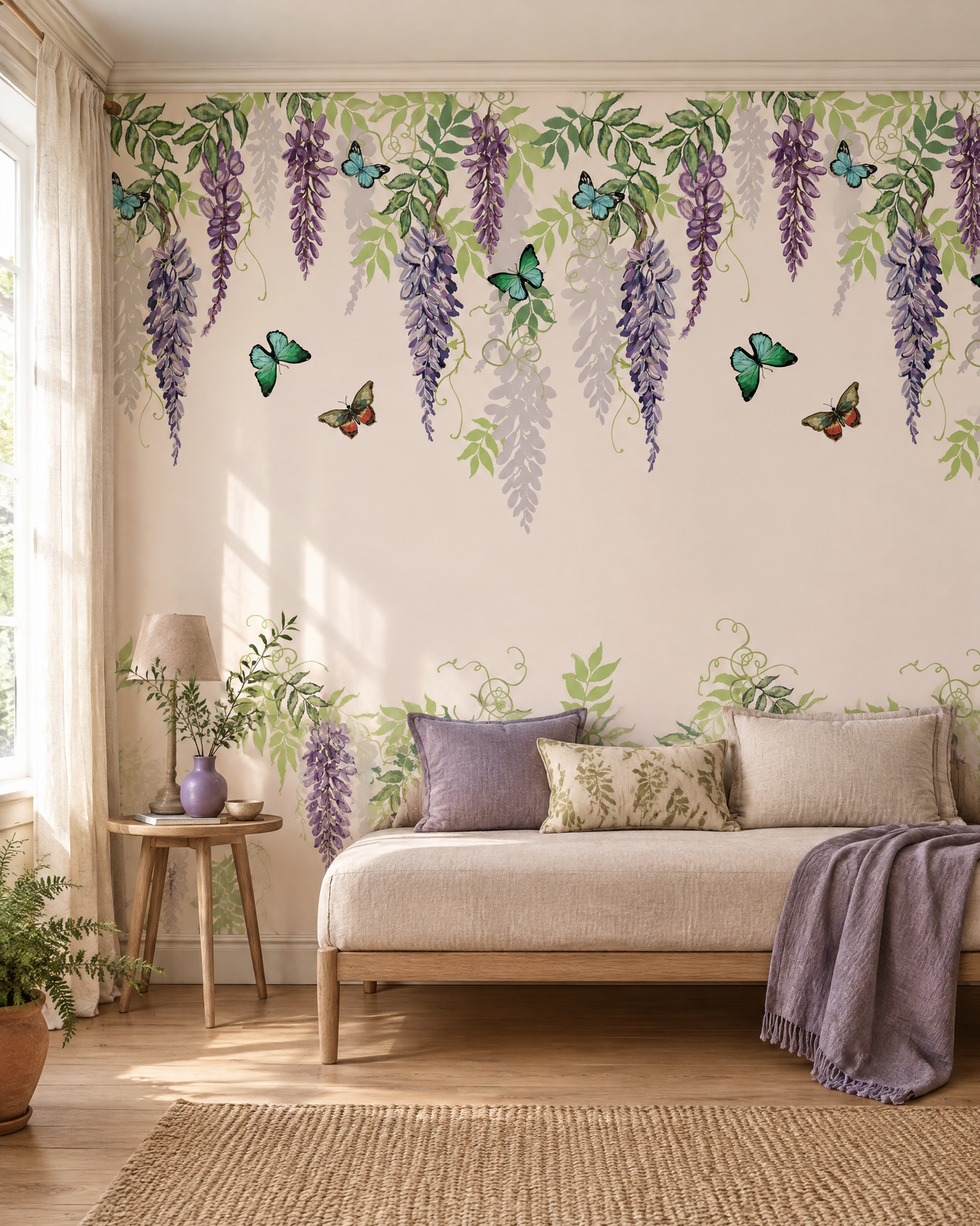 Glycines à l'aquarelle, papier peint panoramique dans une chambre : visuel d'ambiance illustratif