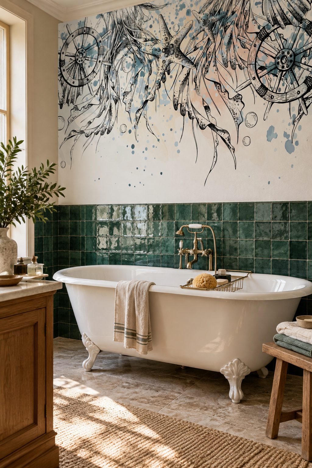Gouvernails et méduses, papier peint panoramique dans une salle de bain : visuel d'ambiance illustratif