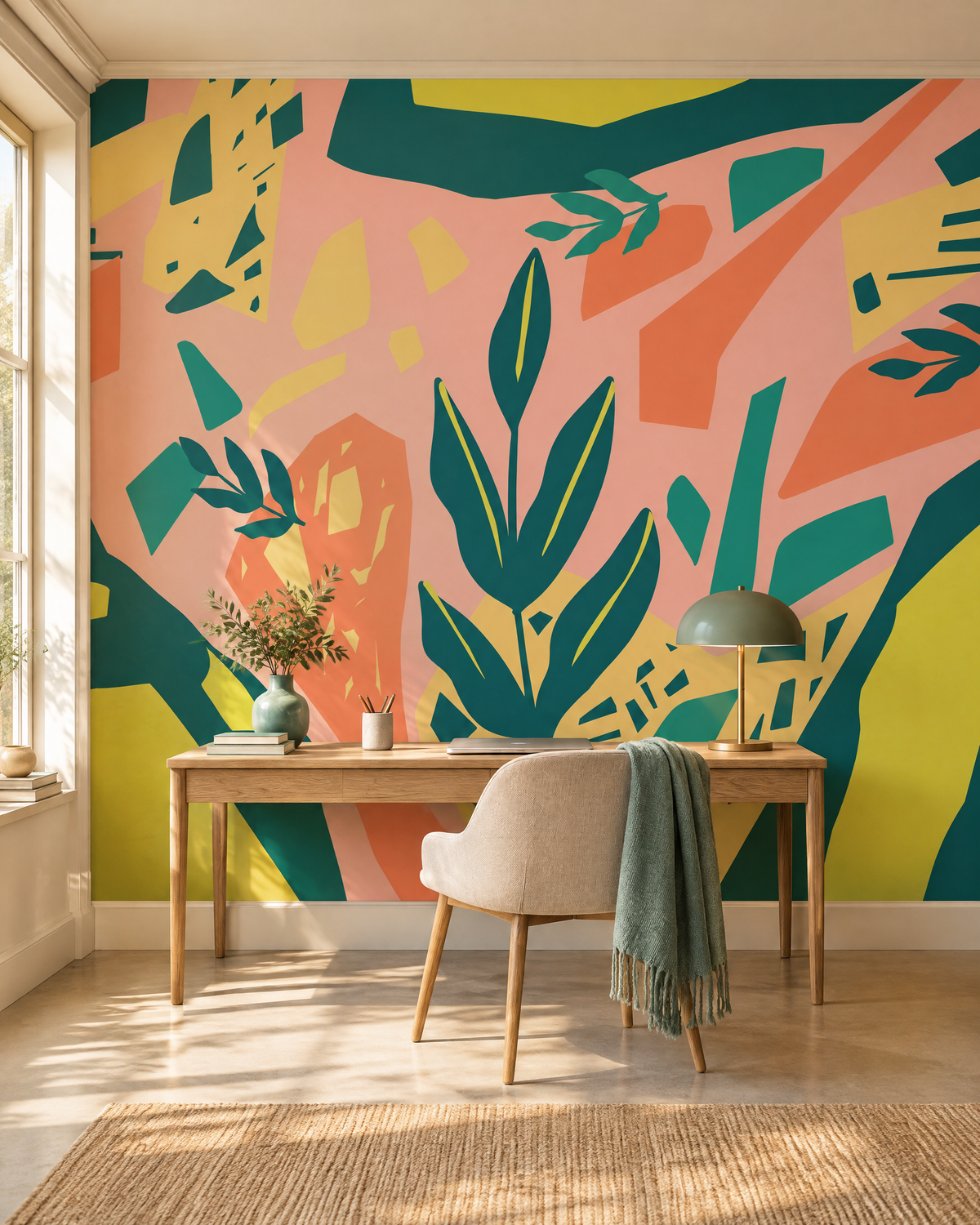 Grandes feuilles sur rose, papier peint panoramique dans un bureau : visuel d'ambiance illustratif
