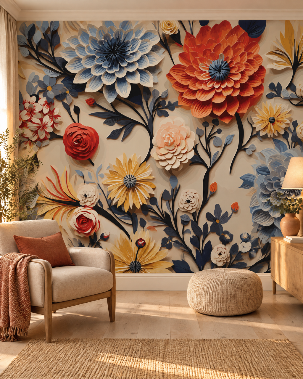 Grandes fleurs en volume, papier peint panoramique dans un salon : visuel d'ambiance illustratif