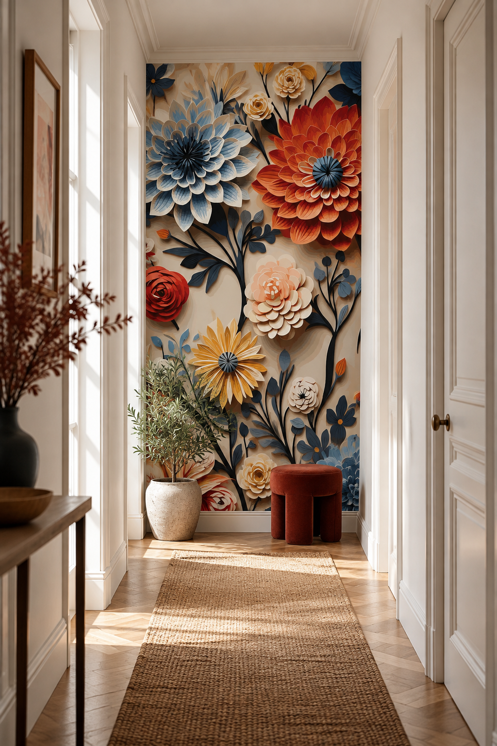 Grandes fleurs en volume, papier peint panoramique dans un couloir : visuel d'ambiance illustratif