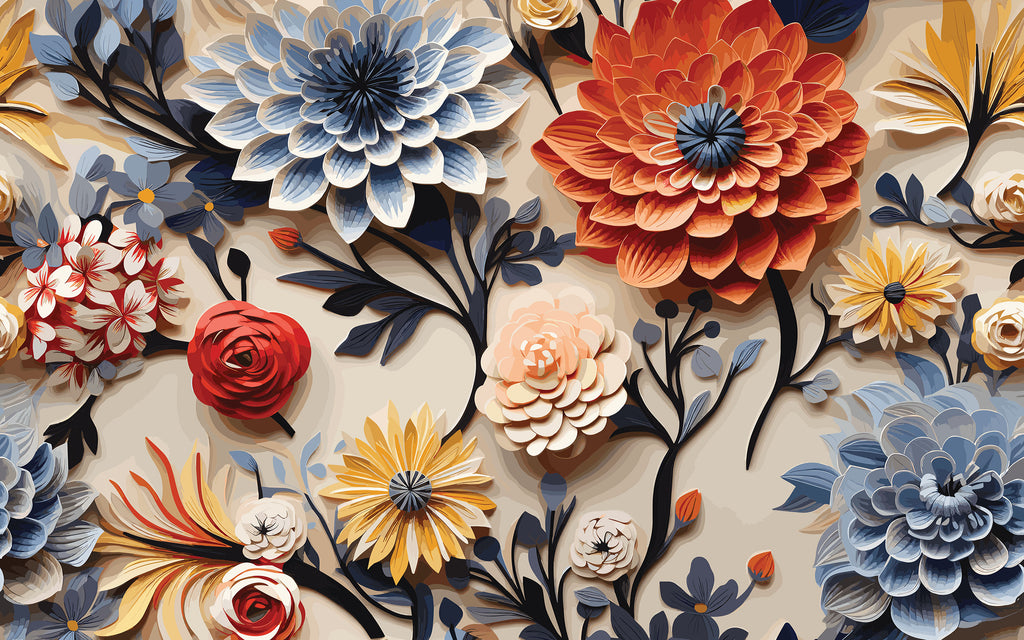 Papier peint panoramique Grandes fleurs en volume : le décor à plat
