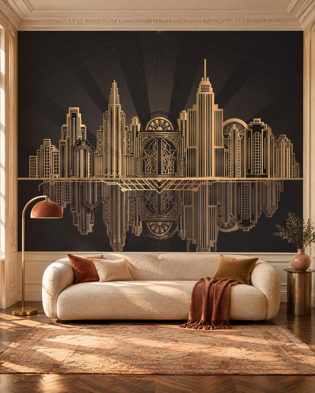 Gratte-ciel dorés, papier peint panoramique dans un salon : visuel d'ambiance illustratif