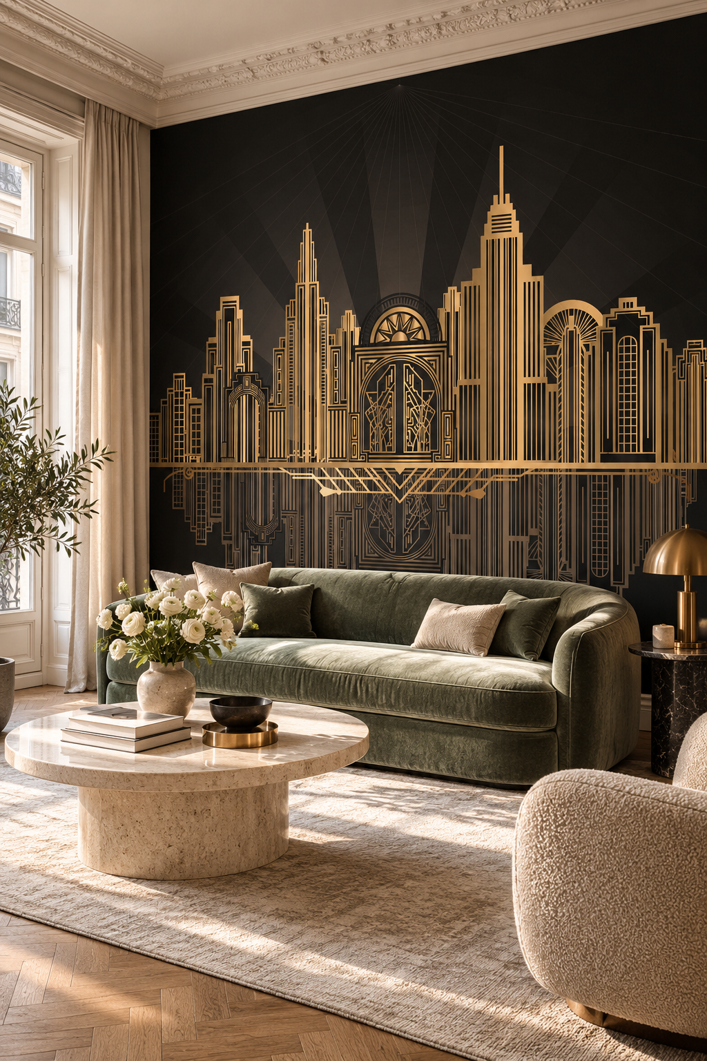 Gratte-ciel dorés, papier peint panoramique dans un salon : visuel d'ambiance illustratif