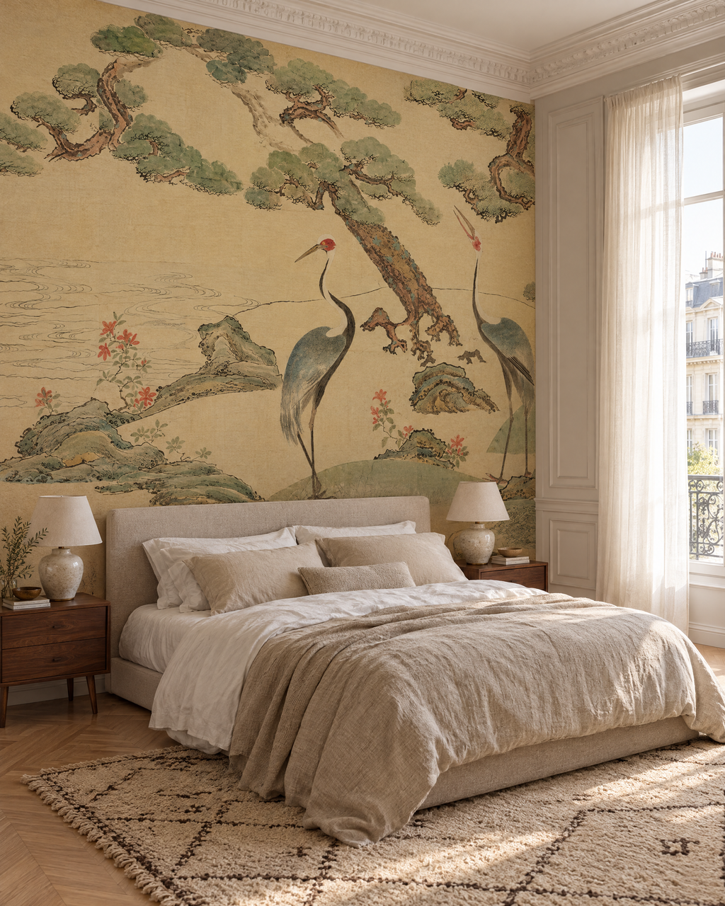 Grues de Kōrin, papier peint panoramique dans une chambre : visuel d'ambiance illustratif