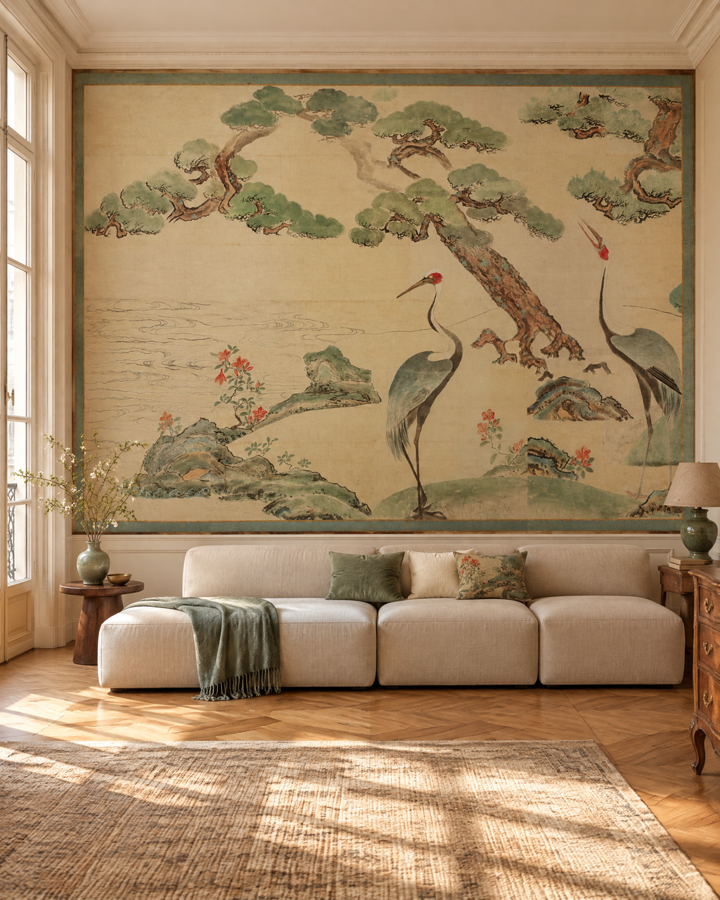 Grues de Kōrin, papier peint panoramique dans un salon : visuel d'ambiance illustratif