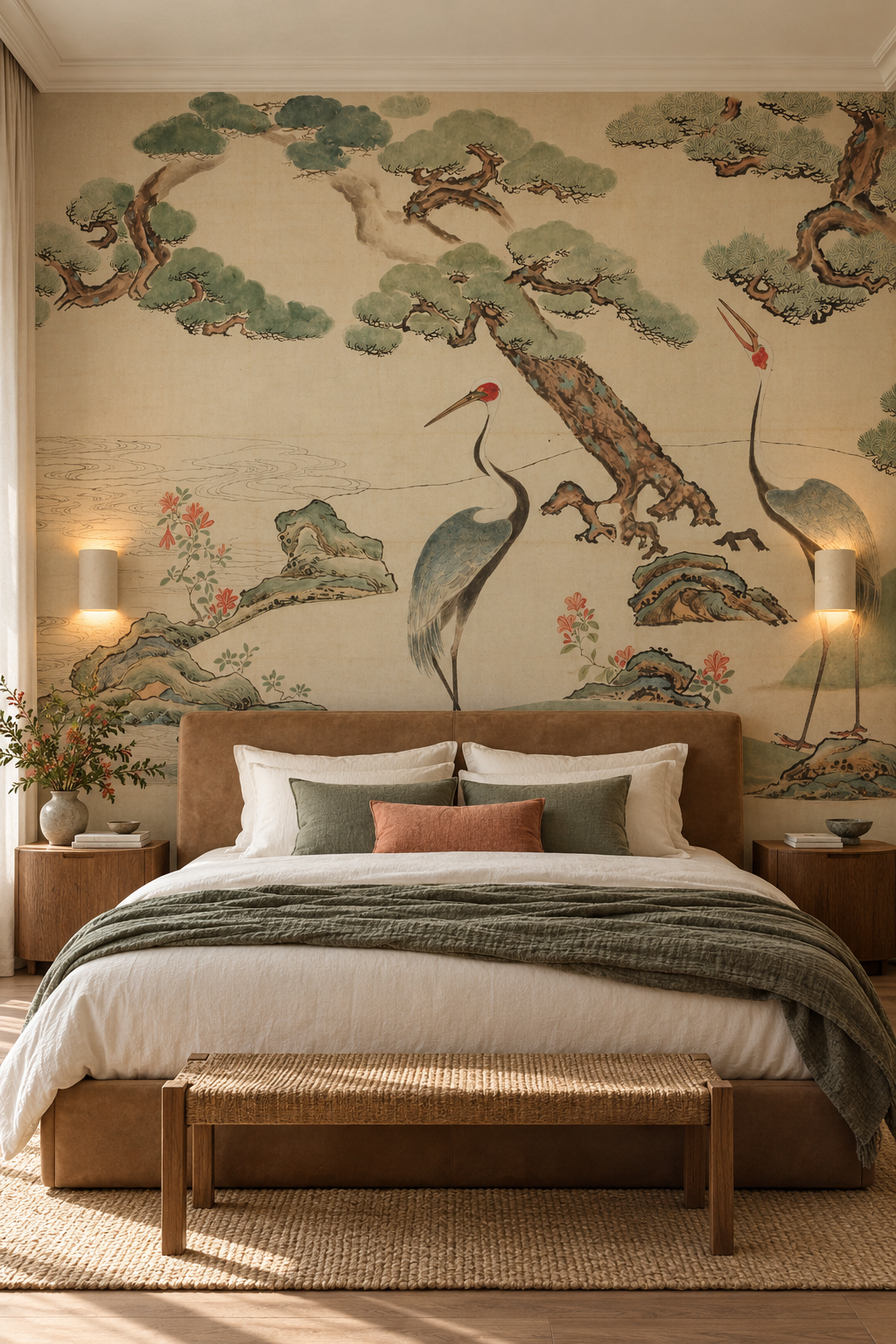 Grues de Kōrin, papier peint panoramique dans une chambre : visuel d'ambiance illustratif