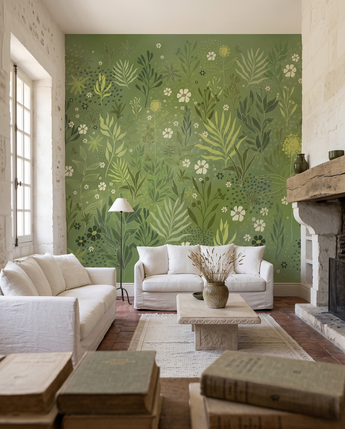 Herbes folles blanches, papier peint panoramique dans un salon : visuel d'ambiance illustratif