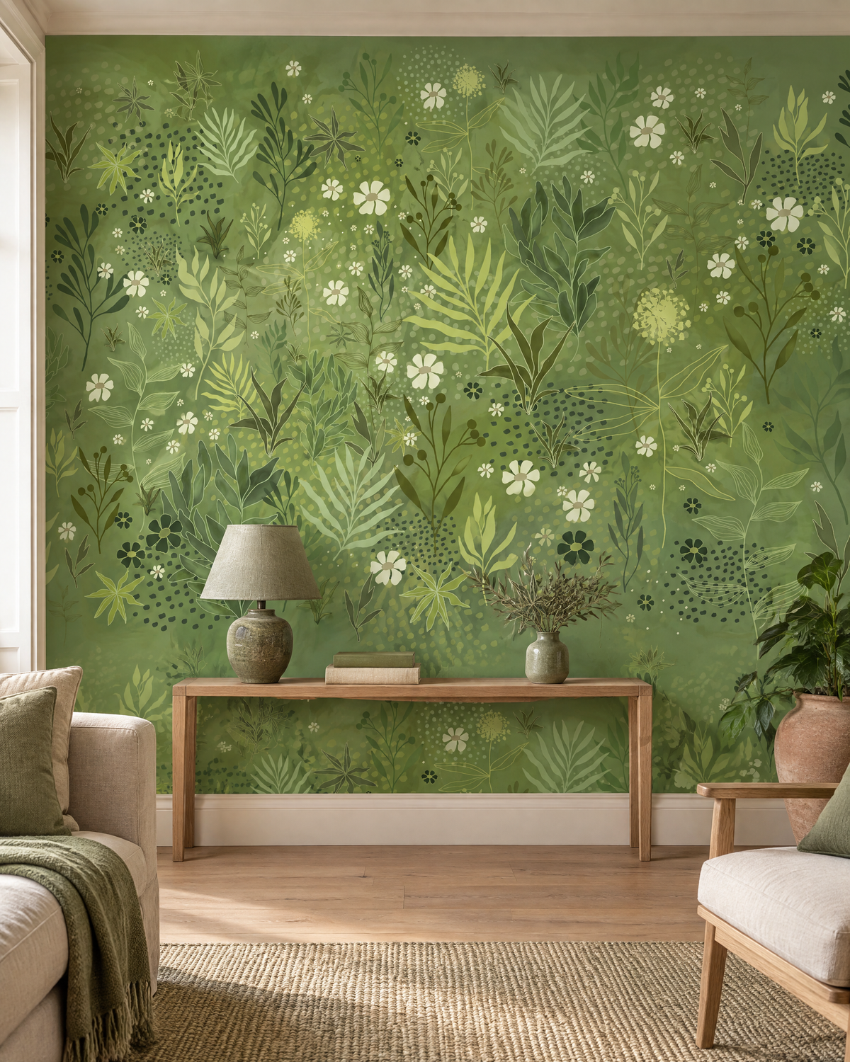 Herbes folles blanches, papier peint panoramique dans un salon : visuel d'ambiance illustratif