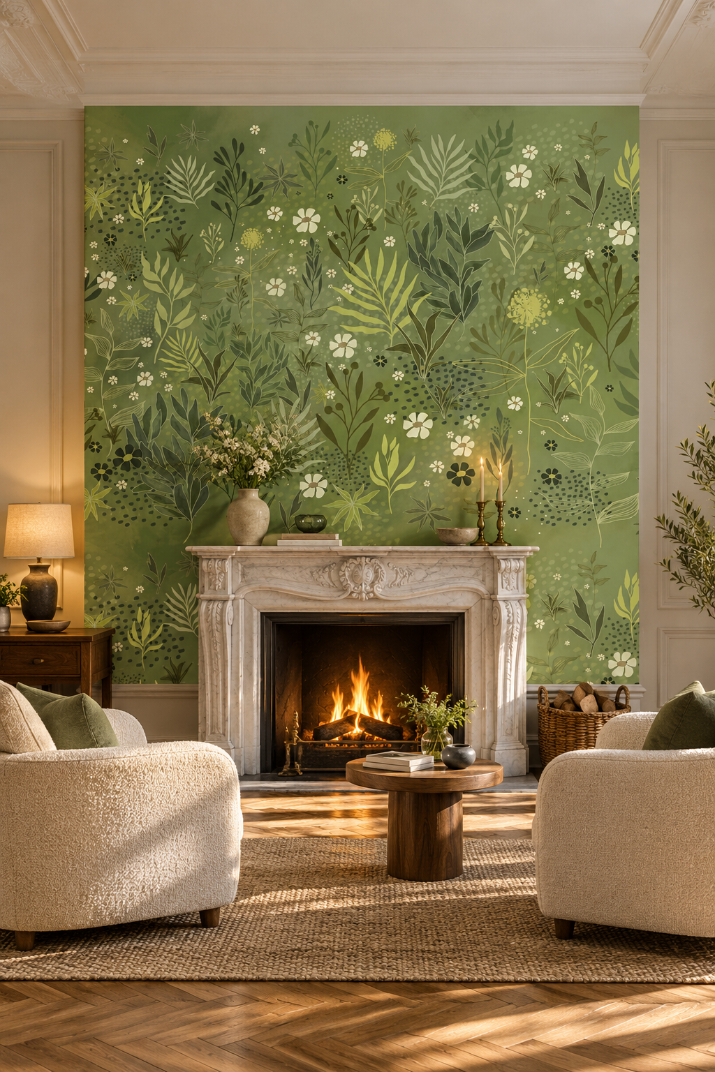 Herbes folles blanches, papier peint panoramique dans un salon : visuel d'ambiance illustratif