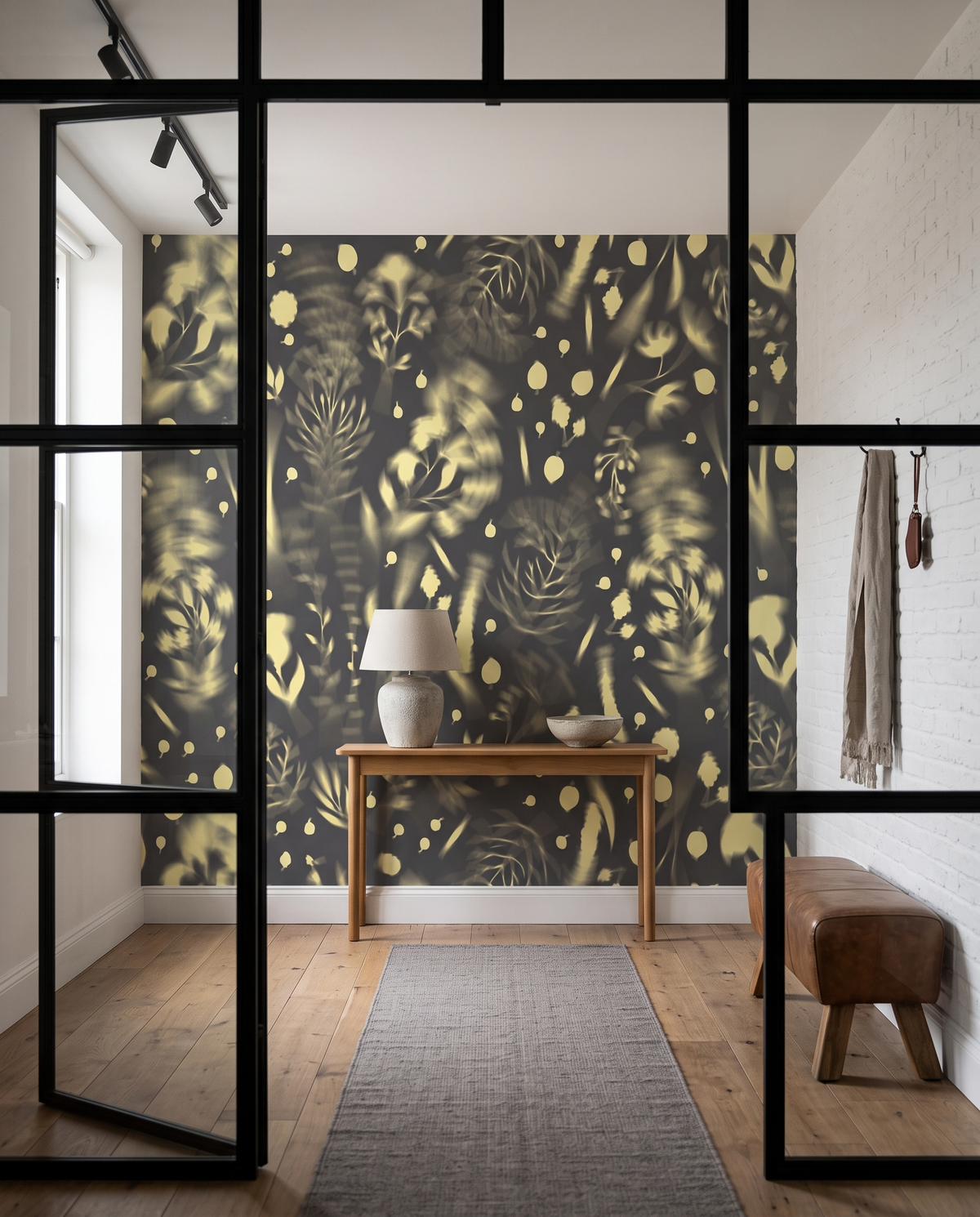 Herbier gris, papier peint panoramique dans une entrée : visuel d'ambiance illustratif