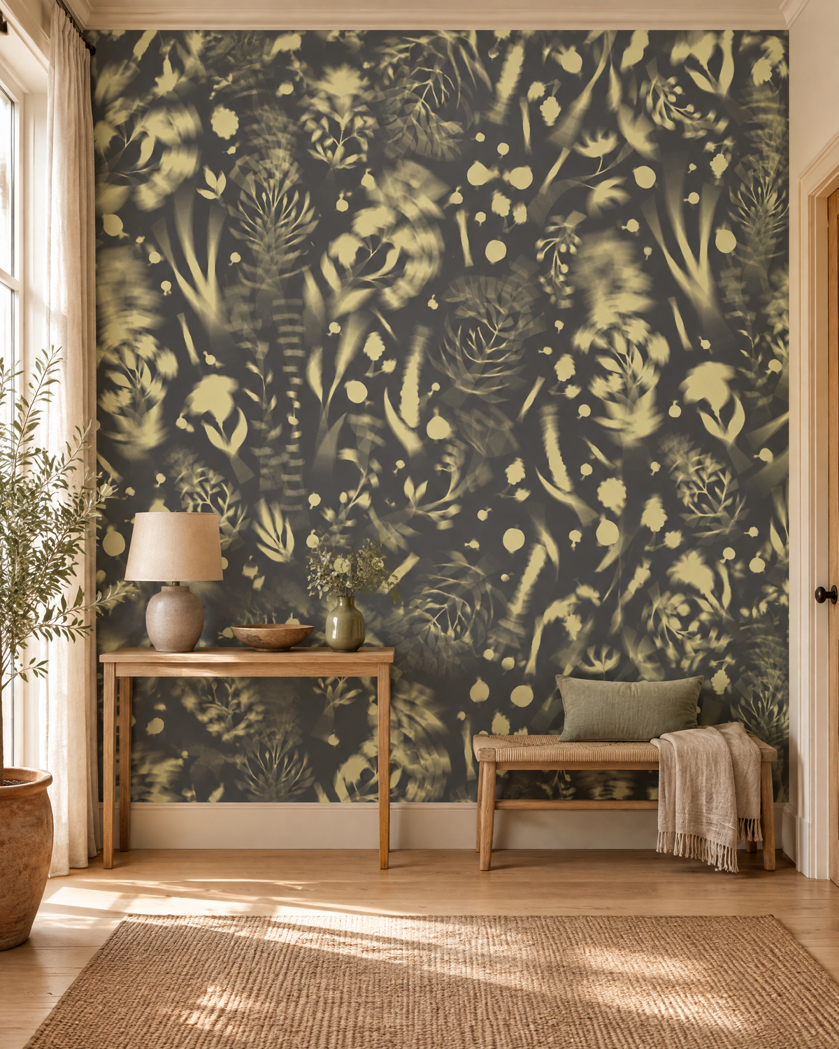 Herbier gris, papier peint panoramique dans une entrée : visuel d'ambiance illustratif