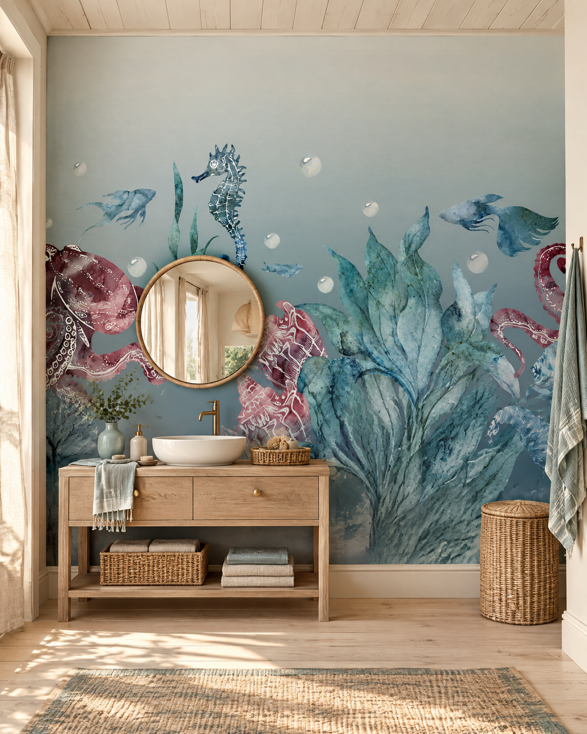 Hippocampes et pieuvres, papier peint panoramique dans une salle de bain : visuel d'ambiance illustratif
