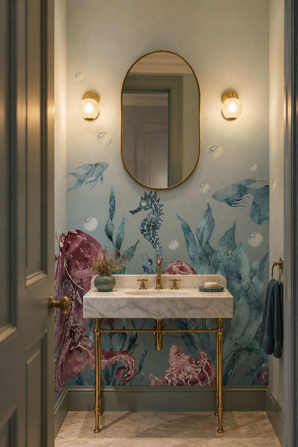 Hippocampes et pieuvres, papier peint panoramique dans une salle de bain : visuel d'ambiance illustratif