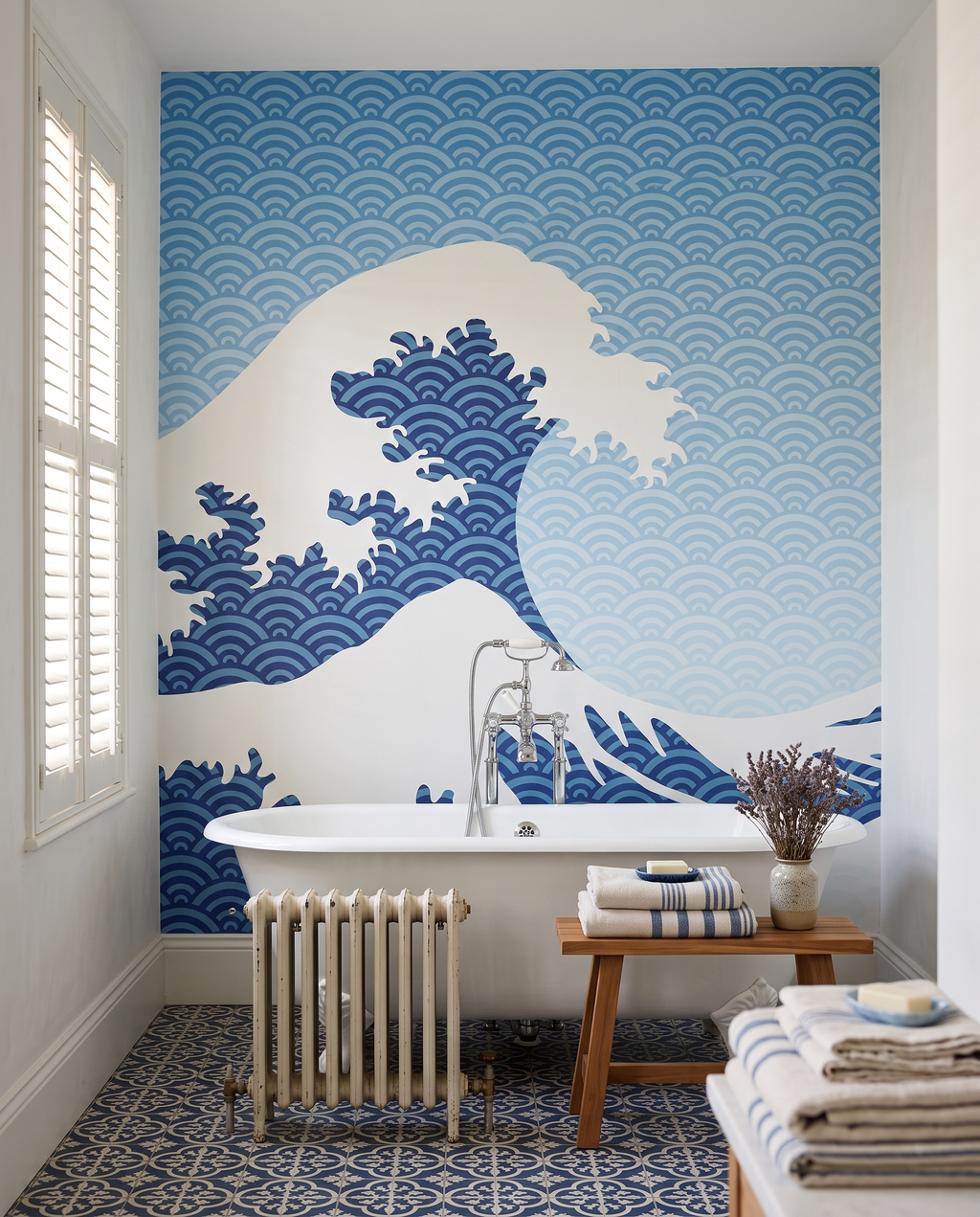 Houle de porcelaine, papier peint panoramique dans une salle de bain : visuel d'ambiance illustratif