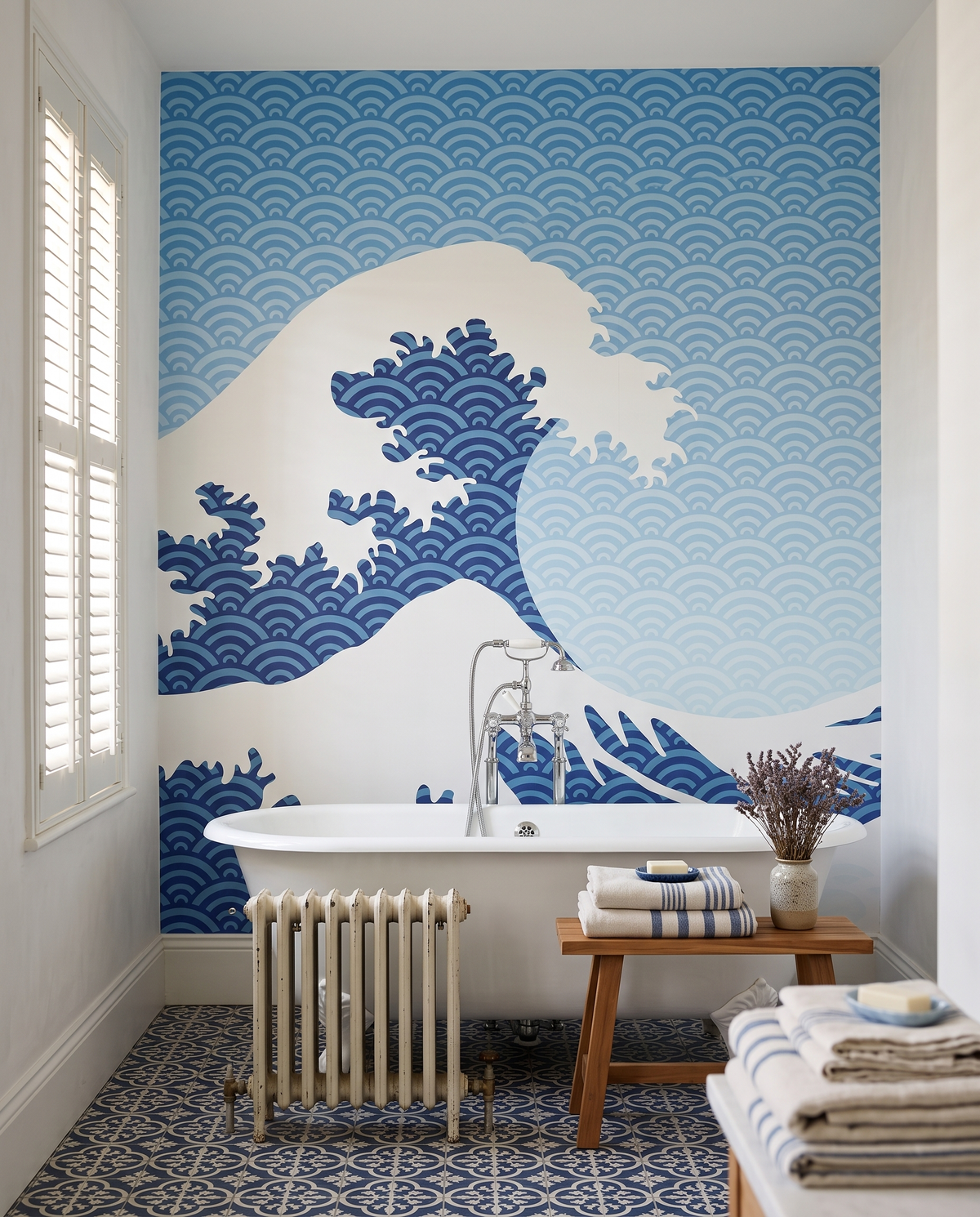 Houle de porcelaine, papier peint panoramique dans une salle de bain : visuel d'ambiance illustratif