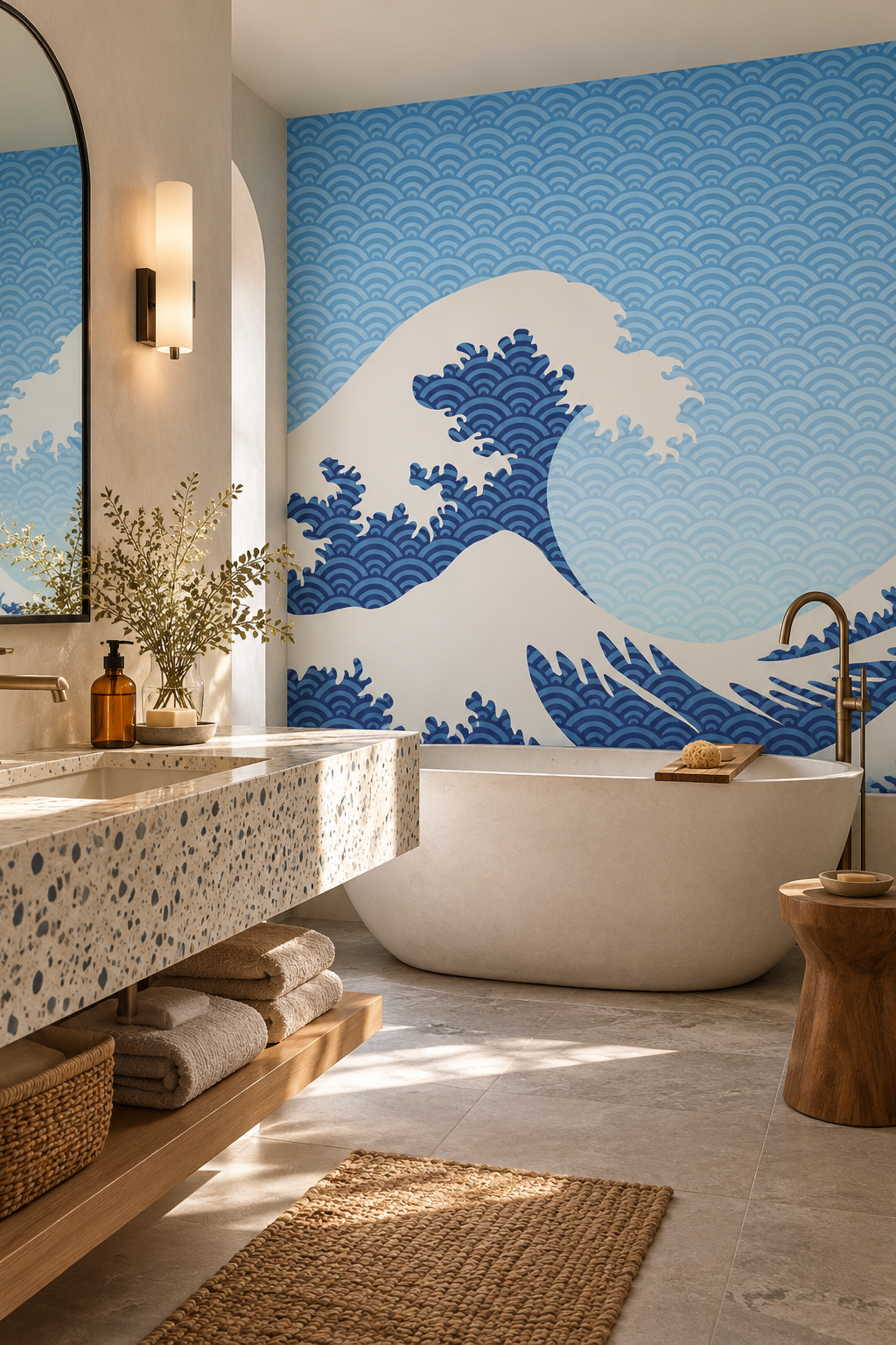 Houle de porcelaine, papier peint panoramique dans une salle de bain : visuel d'ambiance illustratif