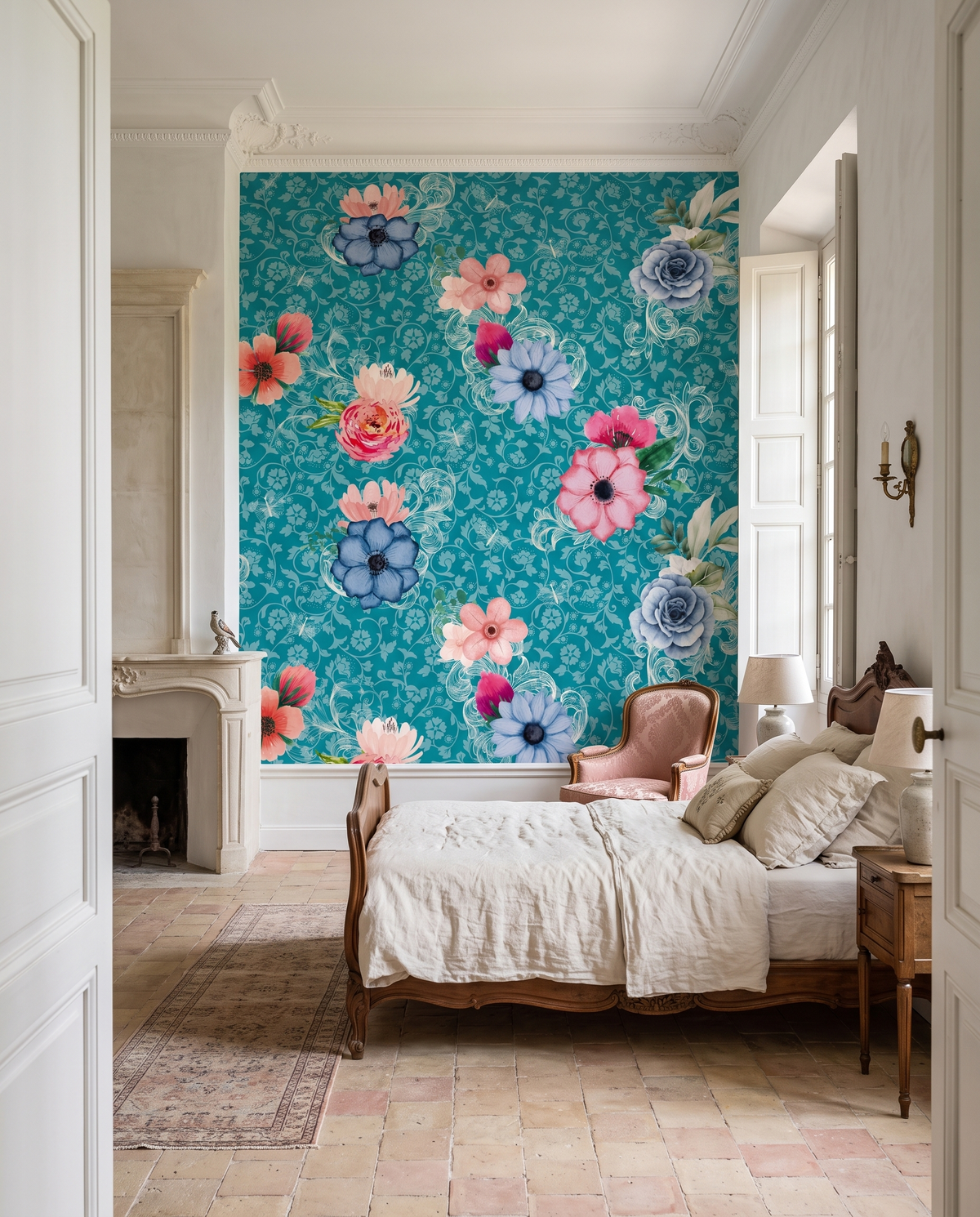 Jardin baroque turquoise, papier peint panoramique dans une chambre : visuel d'ambiance illustratif
