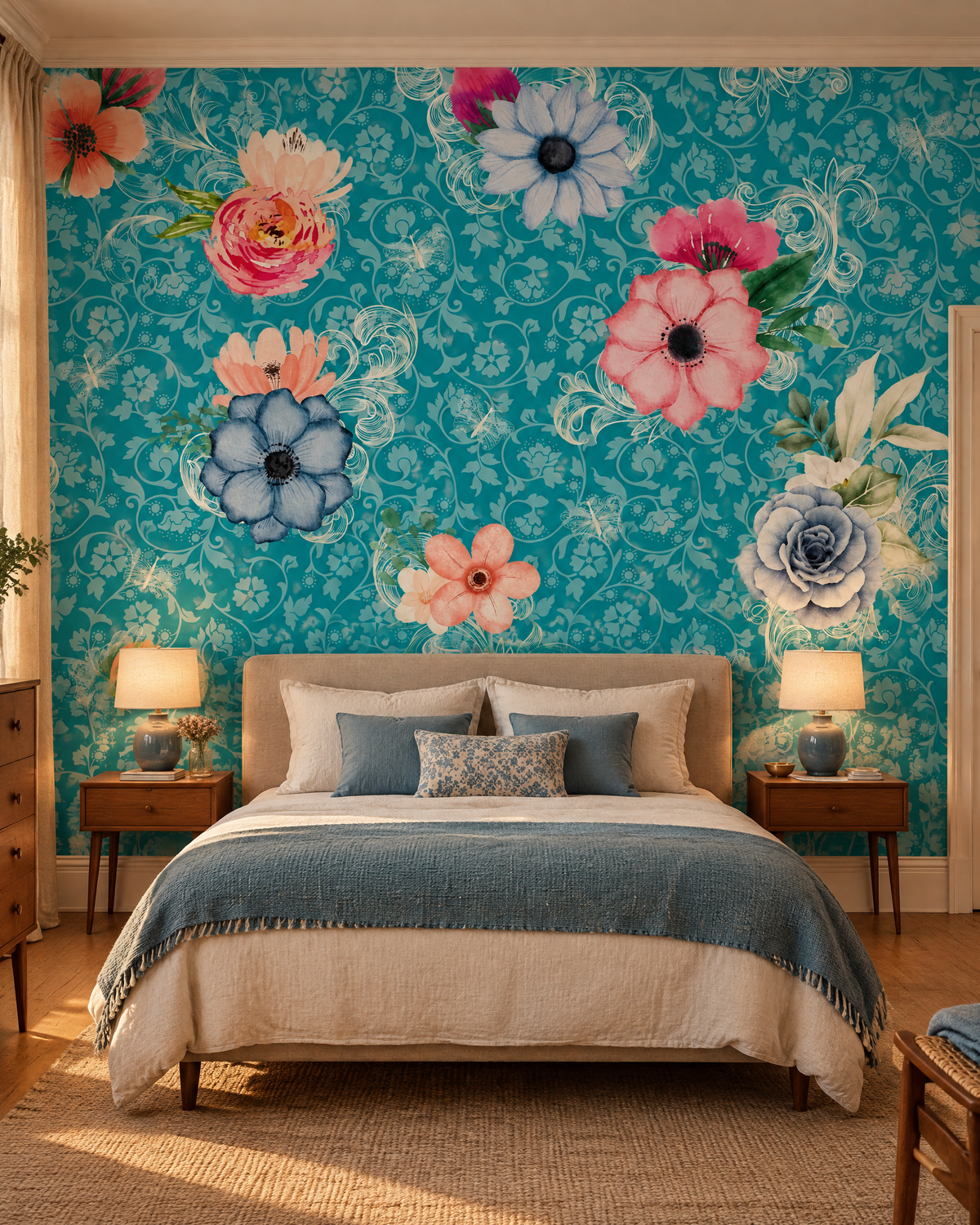 Jardin baroque turquoise, papier peint panoramique dans une chambre : visuel d'ambiance illustratif