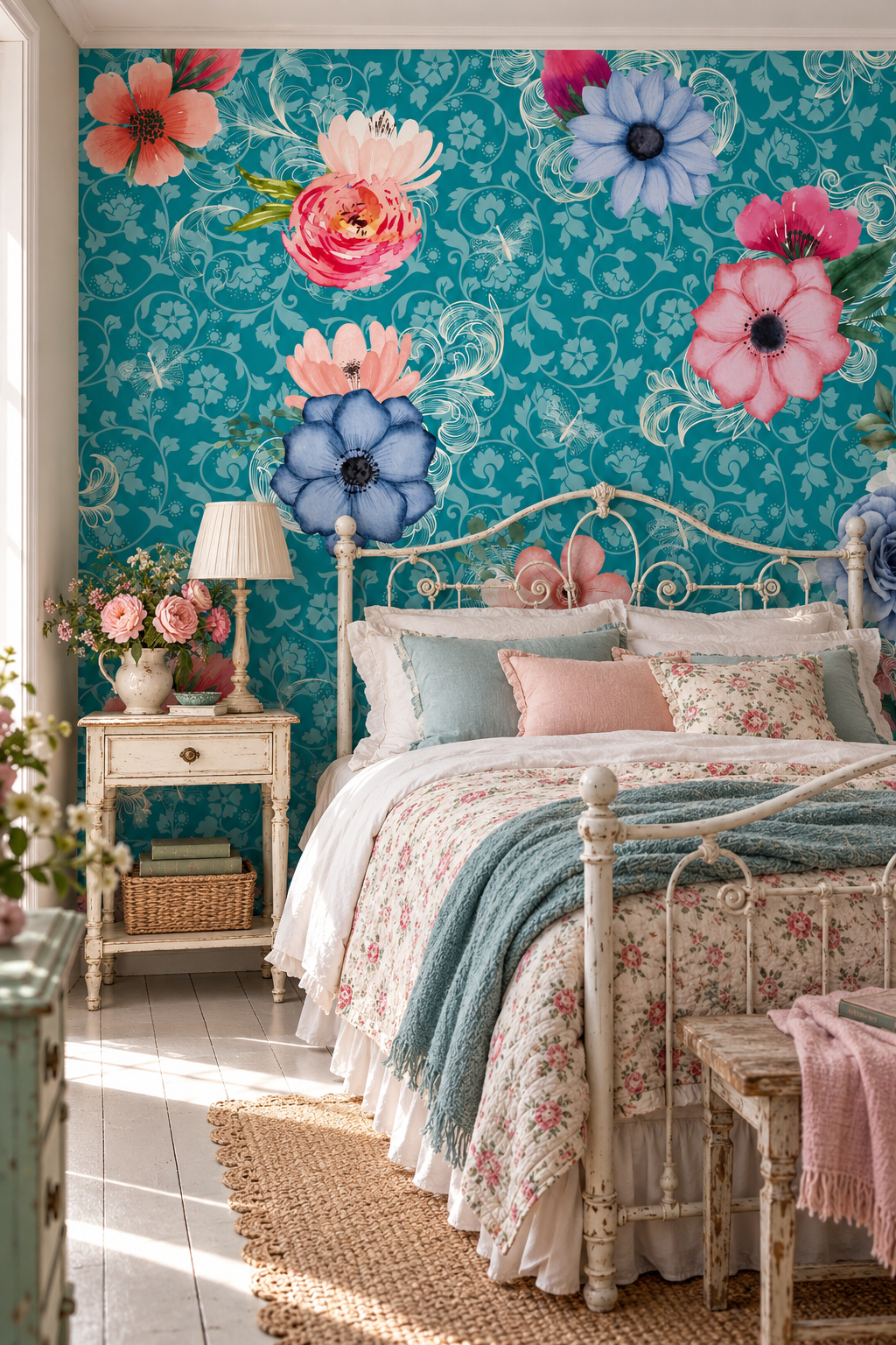 Jardin baroque turquoise, papier peint panoramique dans une chambre : visuel d'ambiance illustratif