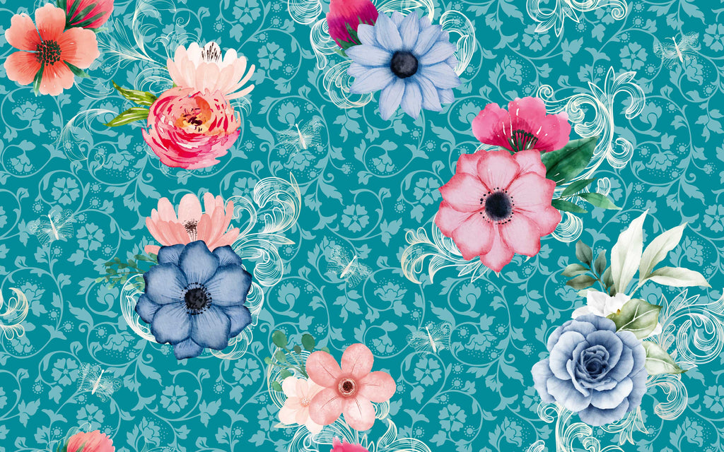 Papier peint panoramique Jardin baroque turquoise : le décor à plat