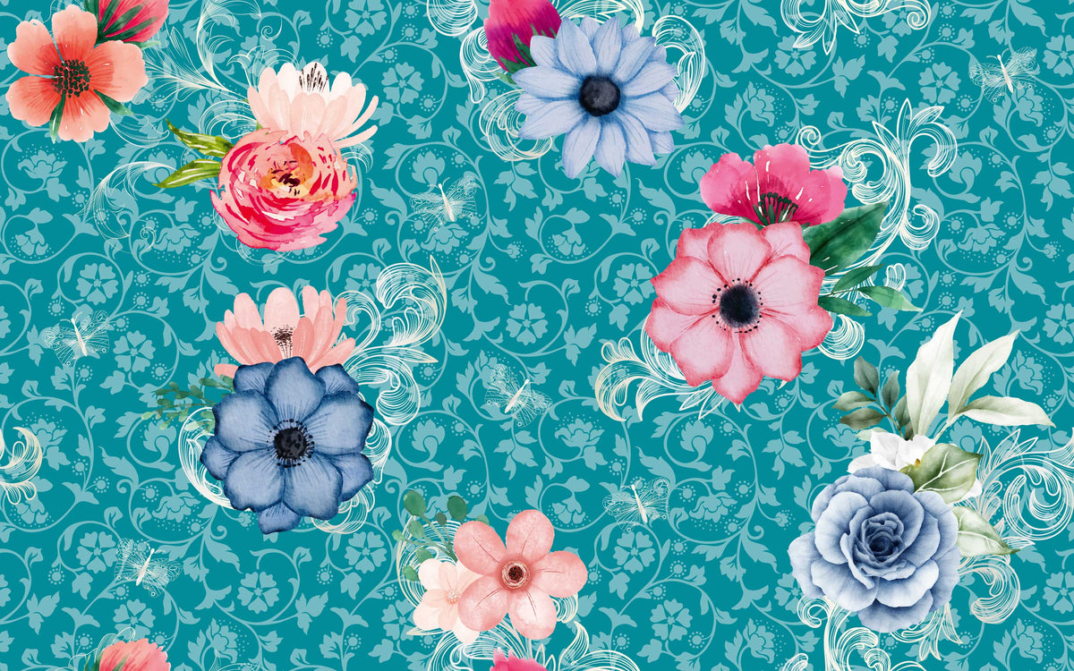 Papier peint panoramique Jardin baroque turquoise : le décor à plat