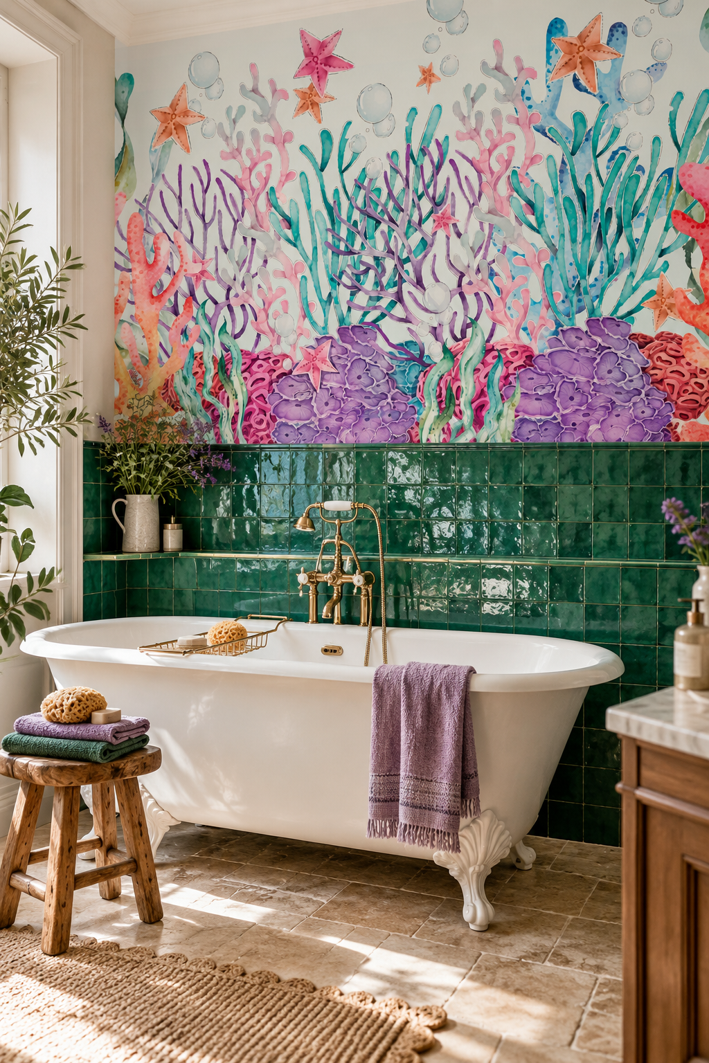 Jardin de corail, papier peint panoramique dans une salle de bain : visuel d'ambiance illustratif