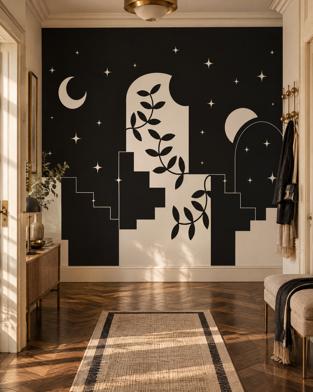 Jardin de lune, papier peint panoramique dans une entrée : visuel d'ambiance illustratif