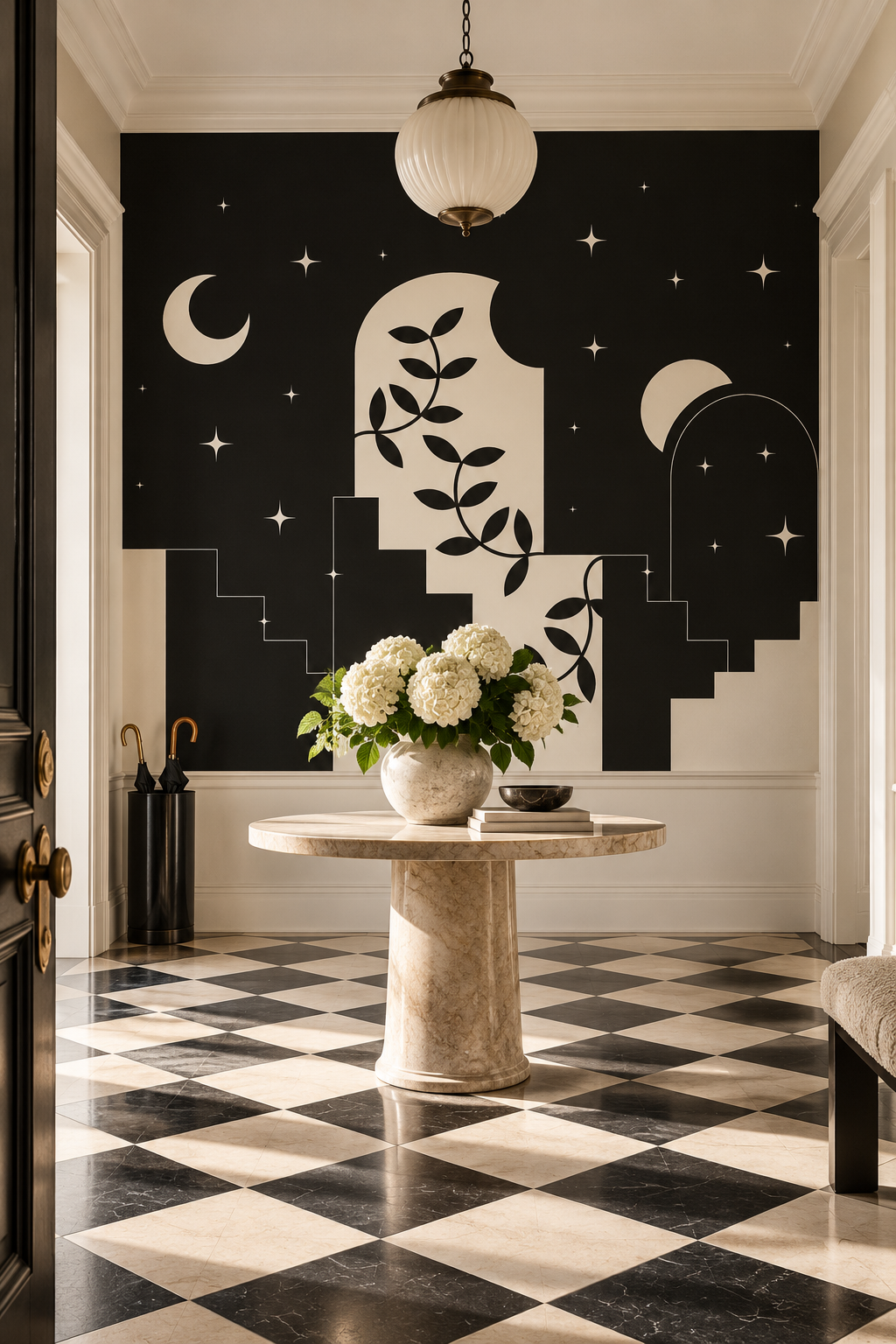 Jardin de lune, papier peint panoramique dans une entrée : visuel d'ambiance illustratif