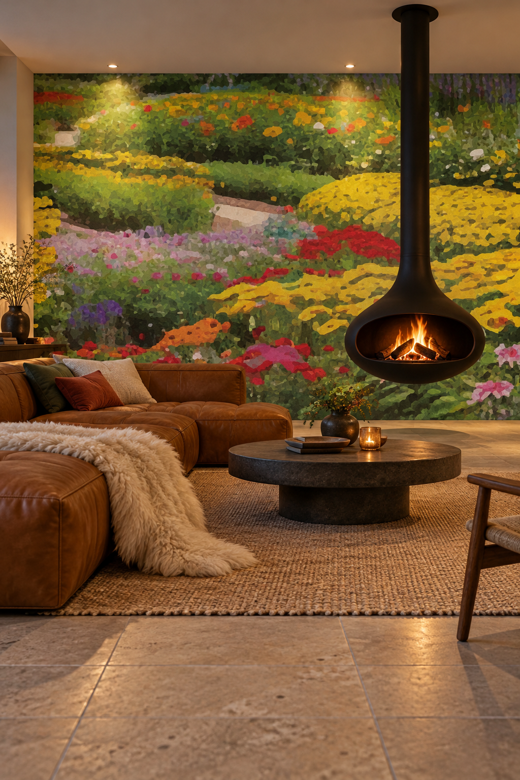Jardin en fleurs, papier peint panoramique dans un salon : visuel d'ambiance illustratif