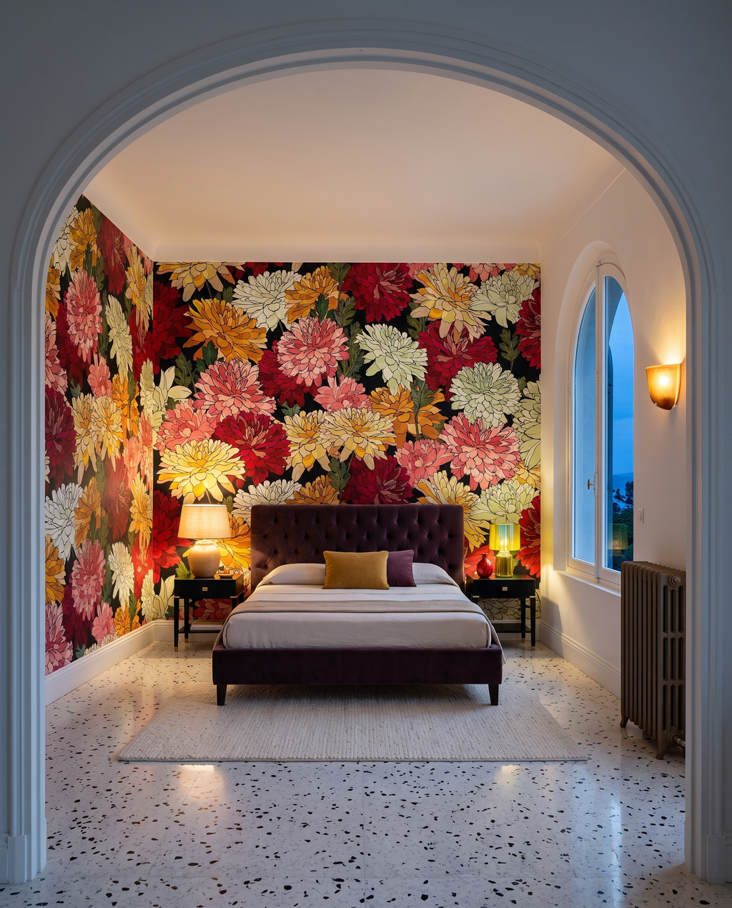 Jardin sur fond sombre, papier peint panoramique dans une chambre : visuel d'ambiance illustratif