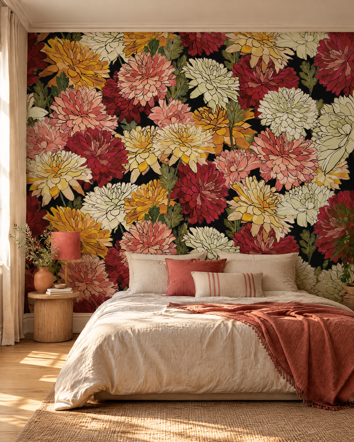 Jardin sur fond sombre, papier peint panoramique dans une chambre : visuel d'ambiance illustratif