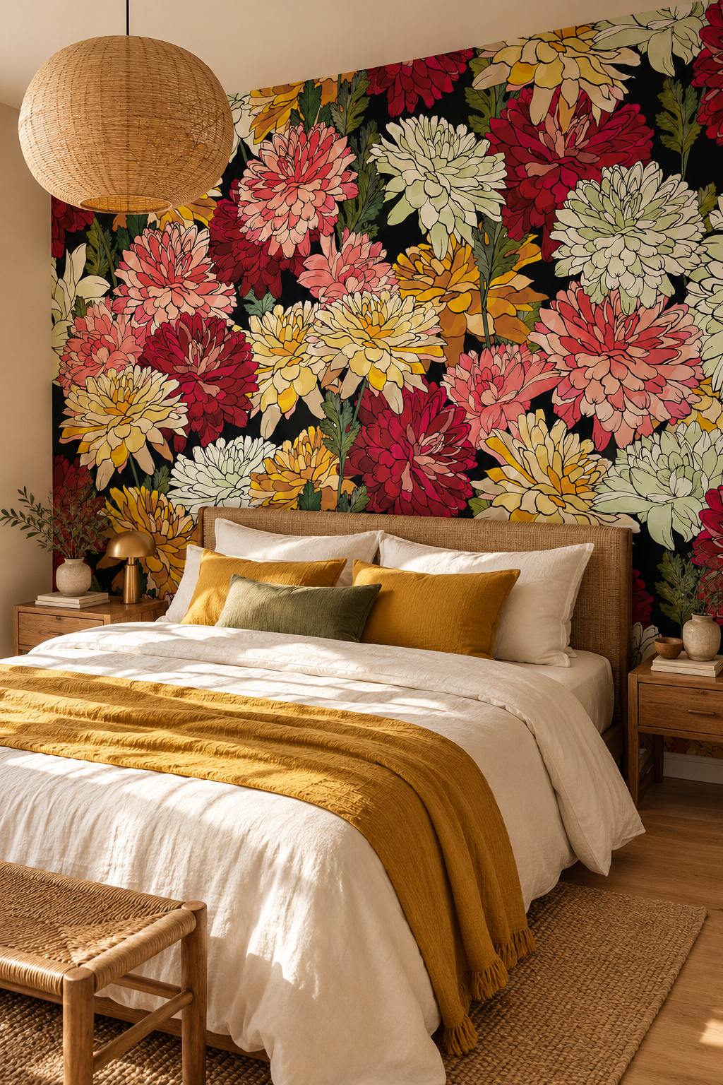 Jardin sur fond sombre, papier peint panoramique dans une chambre : visuel d'ambiance illustratif
