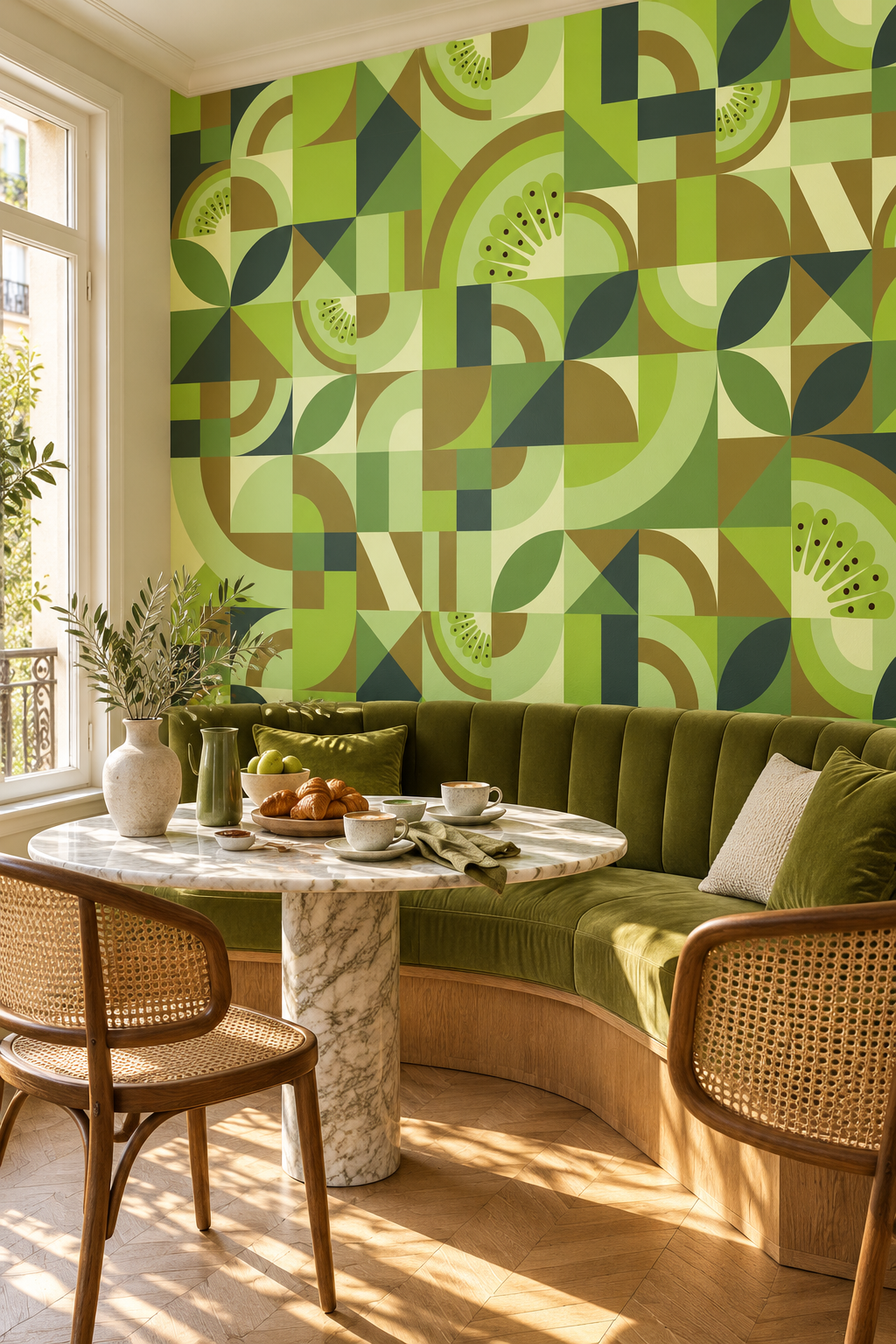 Kiwis rétro, papier peint panoramique dans une salle à manger : visuel d'ambiance illustratif