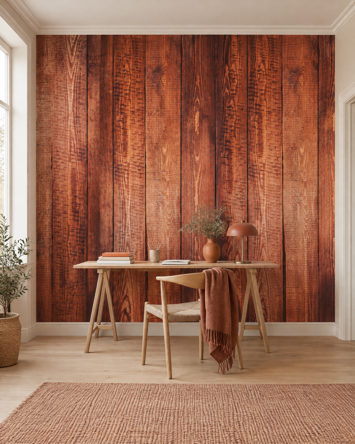 Lames de bois patinées, papier peint panoramique dans un bureau : visuel d'ambiance illustratif