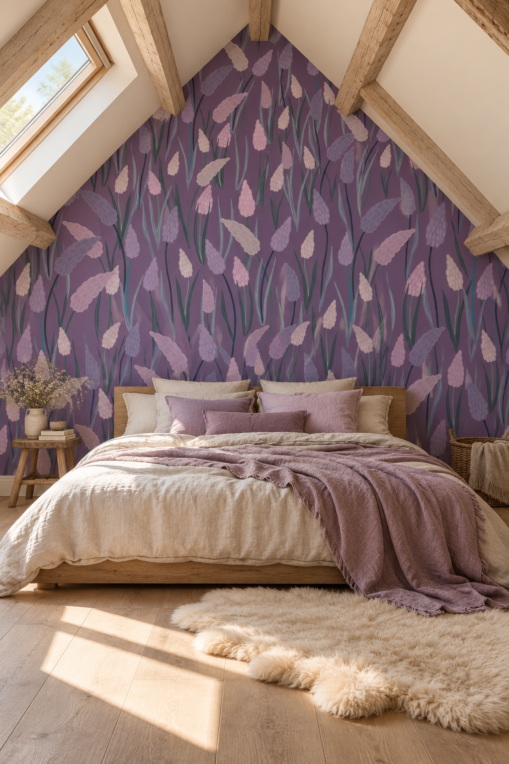 Lavandes du soir, papier peint panoramique dans une chambre : visuel d'ambiance illustratif