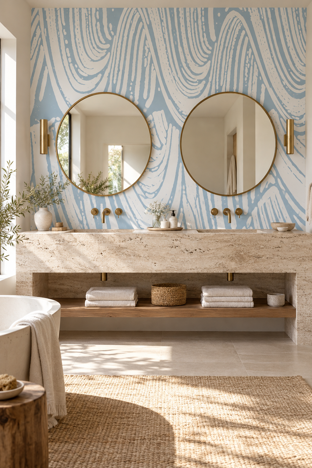 Lavis bleus et blancs, papier peint panoramique dans une salle de bain : visuel d'ambiance illustratif