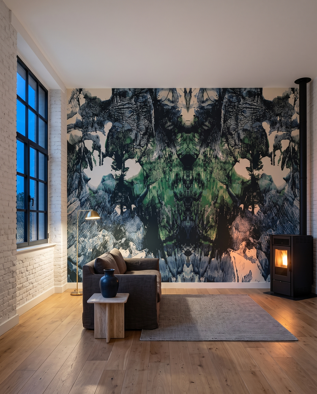 Lavis vert et noir, papier peint panoramique dans un salon : visuel d'ambiance illustratif