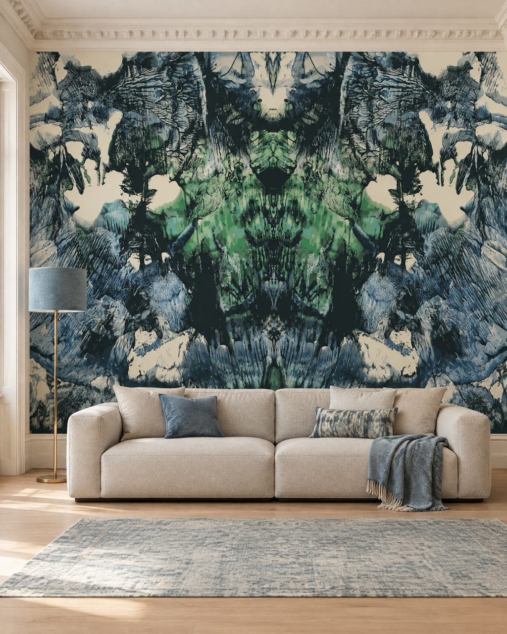 Lavis vert et noir, papier peint panoramique dans un salon : visuel d'ambiance illustratif