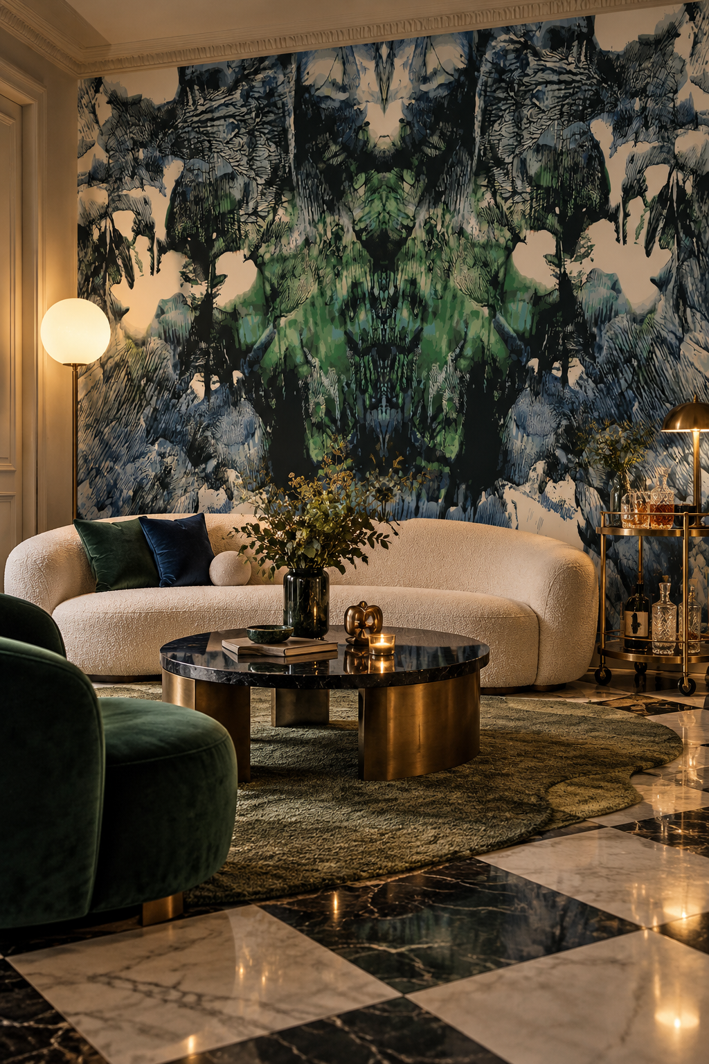 Lavis vert et noir, papier peint panoramique dans un salon : visuel d'ambiance illustratif