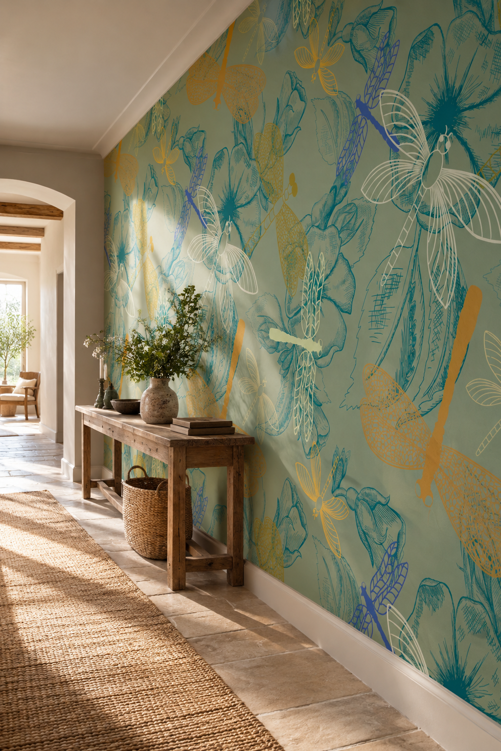 Libellules sur sauge, papier peint panoramique dans un couloir : visuel d'ambiance illustratif