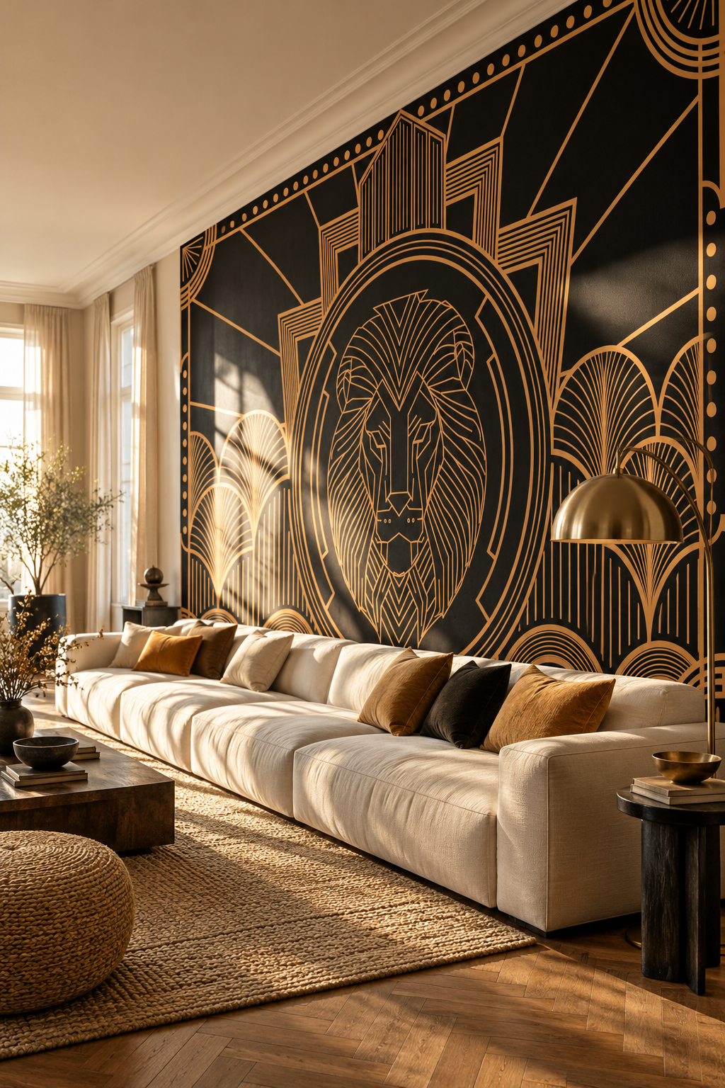 Lion or et noir, papier peint panoramique dans un salon : visuel d'ambiance illustratif