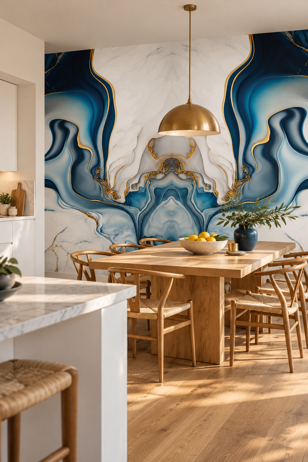 Marbre bleu miroir, papier peint panoramique dans une salle à manger : visuel d'ambiance illustratif
