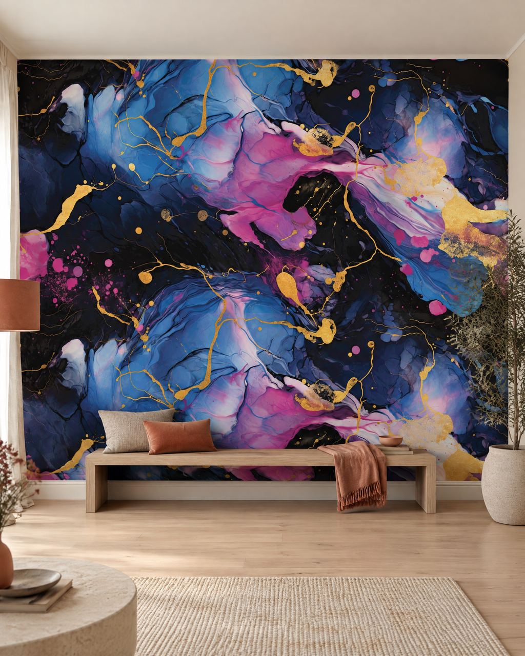 Marbre fluide, papier peint panoramique dans un salon : visuel d'ambiance illustratif