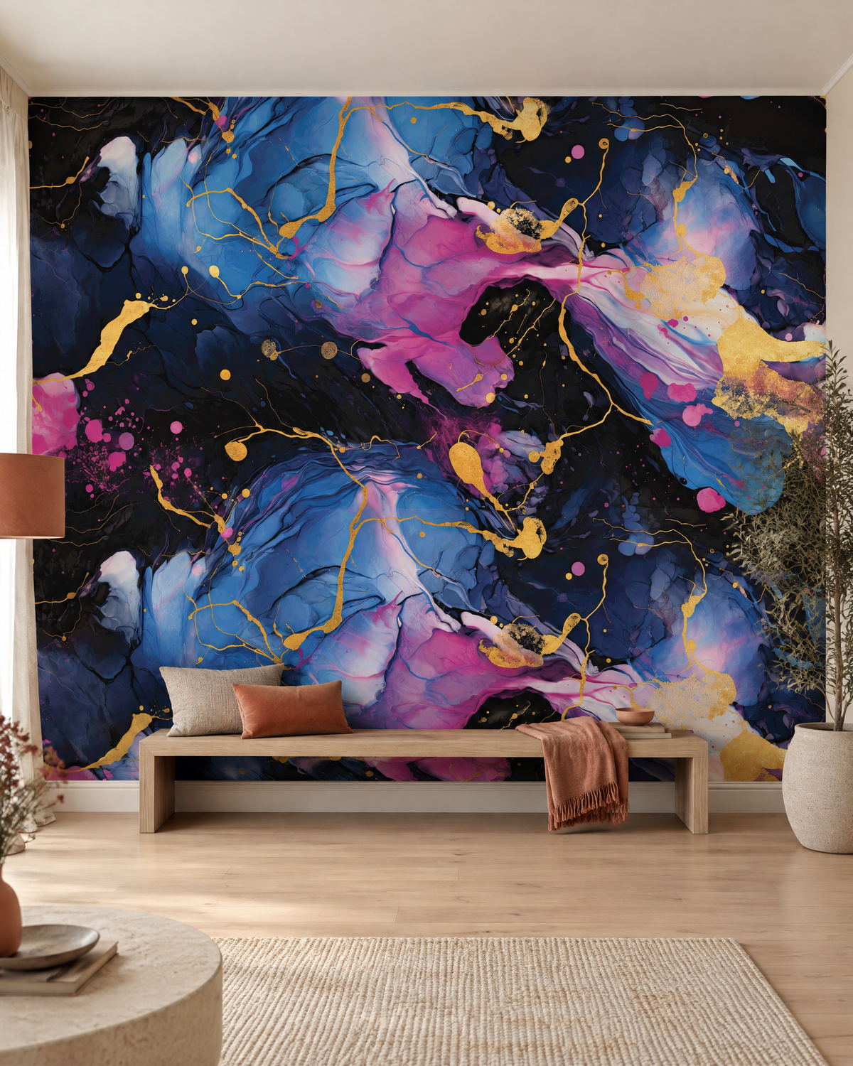 Marbre fluide, papier peint panoramique dans un salon : visuel d'ambiance illustratif