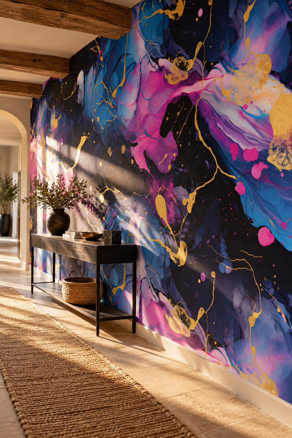Marbre fluide, papier peint panoramique dans un couloir : visuel d'ambiance illustratif